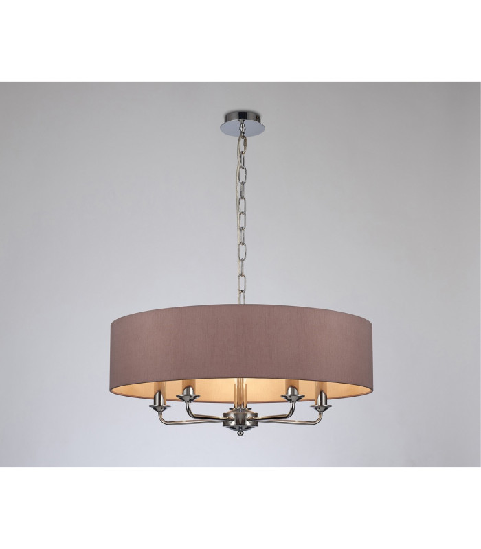 Banyan 5 Light Multi Arm Pendant E14 Polished Chrome With 60cm x 15cm Dual Faux Silk Shade Taupe/Halo Gold-2