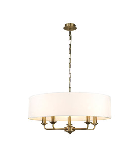 Banyan 5 Light Multi Arm Pendant E14 Antique Brass With 60cm x 22cm Faux Silk Shade White-1