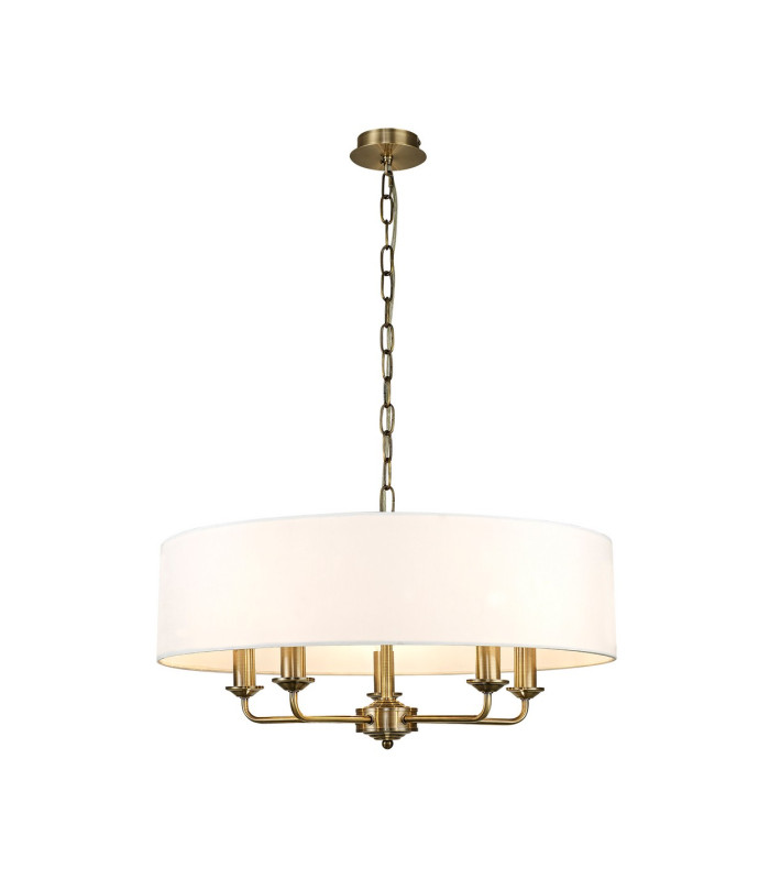 Banyan 5 Light Multi Arm Pendant E14 Antique Brass With 60cm x 22cm Faux Silk Shade White-1
