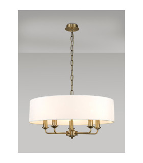 Banyan 5 Light Multi Arm Pendant E14 Antique Brass With 60cm x 22cm Faux Silk Shade White-2