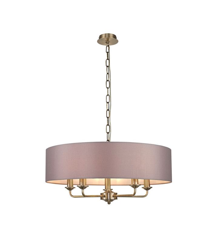 Banyan 5 Light Multi Arm Pendant E14 Antique Brass With 60cm x 15cm Faux Silk Shade Grey-1