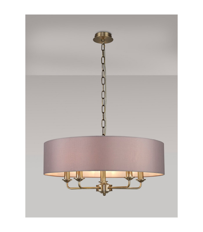 Banyan 5 Light Multi Arm Pendant E14 Antique Brass With 60cm x 15cm Faux Silk Shade Grey-2