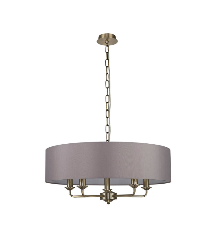 Banyan 5 Light Multi Arm Pendant E14 Antique Brass With 60cm x 15cm Faux Silk Shade Grey-4