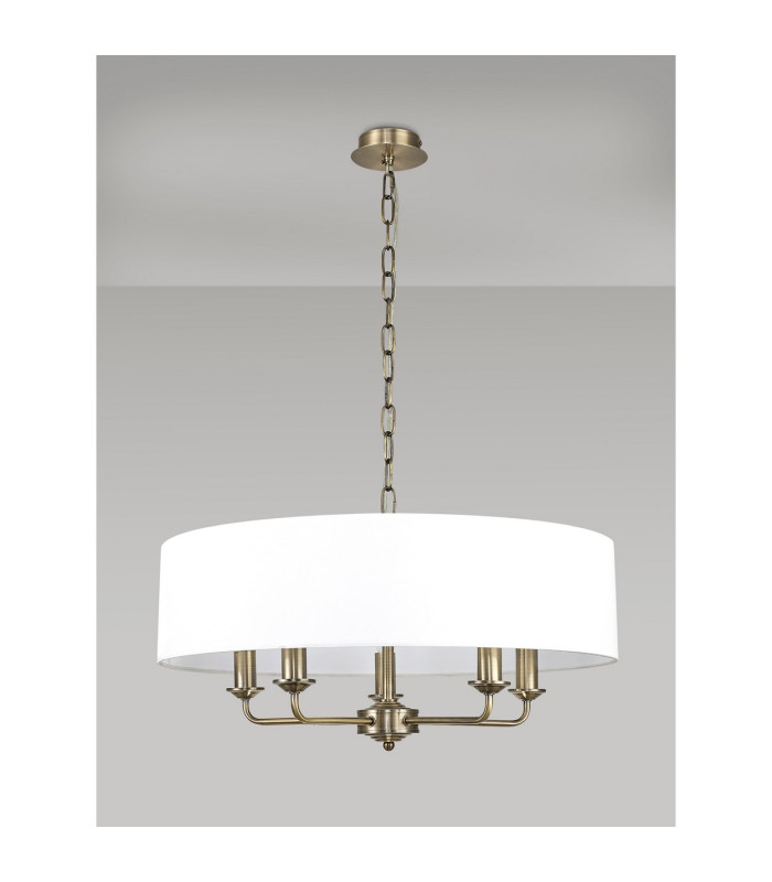 Banyan 5 Light Multi Arm Pendant E14 Antique Brass With 60cm x 22cm Faux Silk Shade White-10