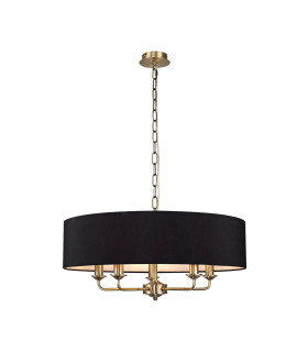 Banyan 5 Light Multi Arm Pendant E14 Antique Brass With 60cm x 15cm Faux Silk Shade black-1