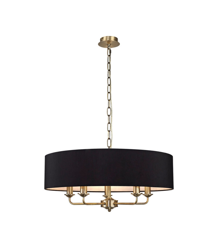 Banyan 5 Light Multi Arm Pendant E14 Antique Brass With 60cm x 15cm Faux Silk Shade black-1