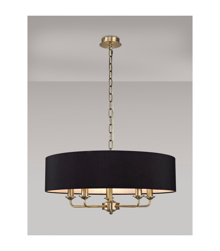 Banyan 5 Light Multi Arm Pendant E14 Antique Brass With 60cm x 15cm Faux Silk Shade black-2