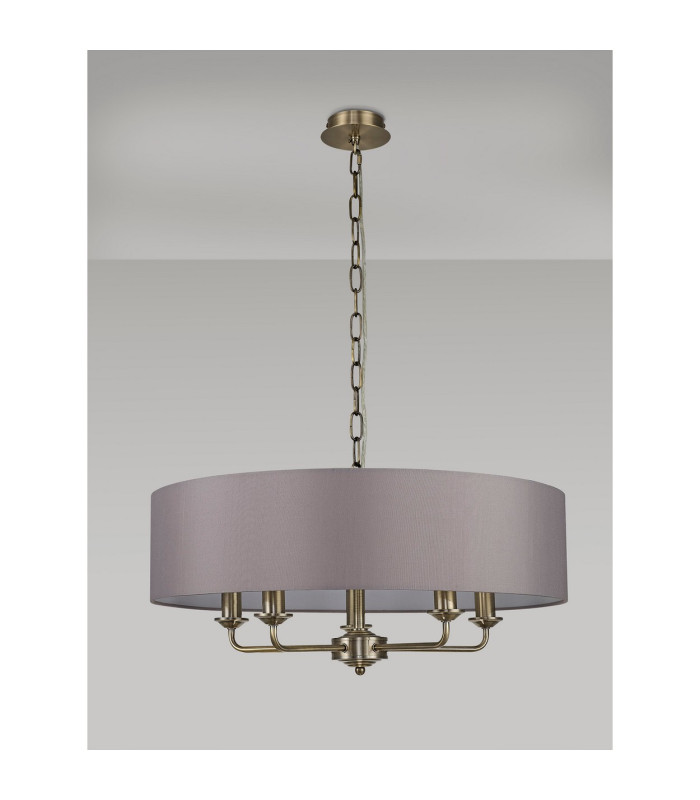 Banyan 5 Light Multi Arm Pendant E14 Antique Brass With 60cm x 15cm Faux Silk Shade Grey-11