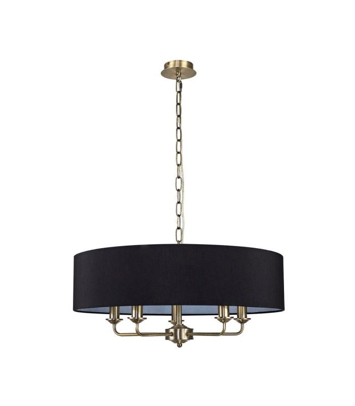 Banyan 5 Light Multi Arm Pendant E14 Antique Brass With 60cm x 15cm Faux Silk Shade black-4