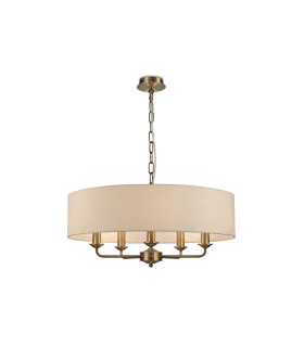 Banyan 5 Light Multi Arm Pendant E14 Antique Brass With 60cm x 15cm Faux Silk Shade Ivory Pearl/White Laminate-1