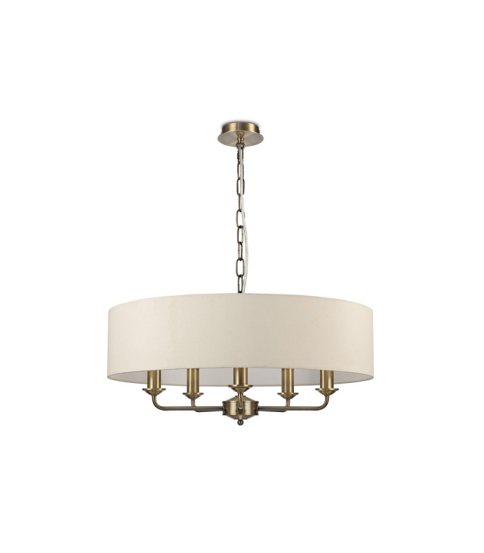 Banyan 5 Light Multi Arm Pendant E14 Antique Brass With 60cm x 15cm Faux Silk Shade Ivory Pearl/White Laminate-4
