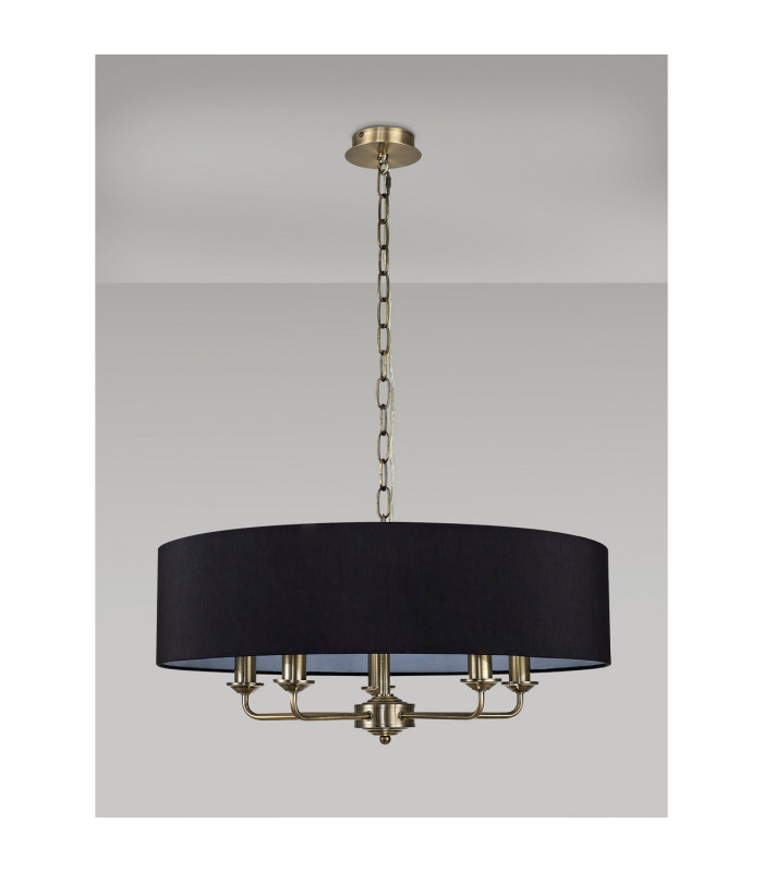 Banyan 5 Light Multi Arm Pendant E14 Antique Brass With 60cm x 15cm Faux Silk Shade black-11