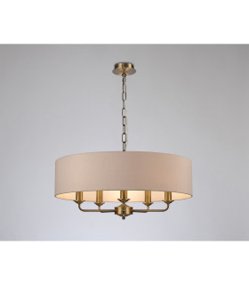 Banyan 5 Light Multi Arm Pendant E14 Antique Brass With 60cm x 15cm Dual Faux Silk Shade Nude Beige/Moonlight-2