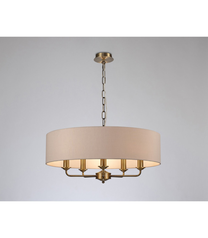 Banyan 5 Light Multi Arm Pendant E14 Antique Brass With 60cm x 15cm Dual Faux Silk Shade Nude Beige/Moonlight-2