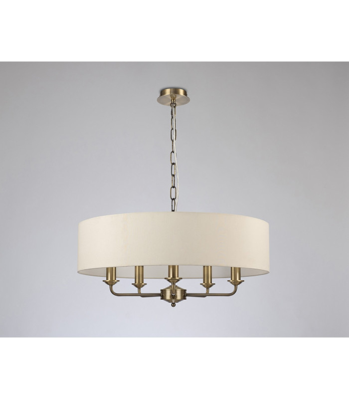 Banyan 5 Light Multi Arm Pendant E14 Antique Brass With 60cm x 15cm Faux Silk Shade Ivory Pearl/White Laminate-11