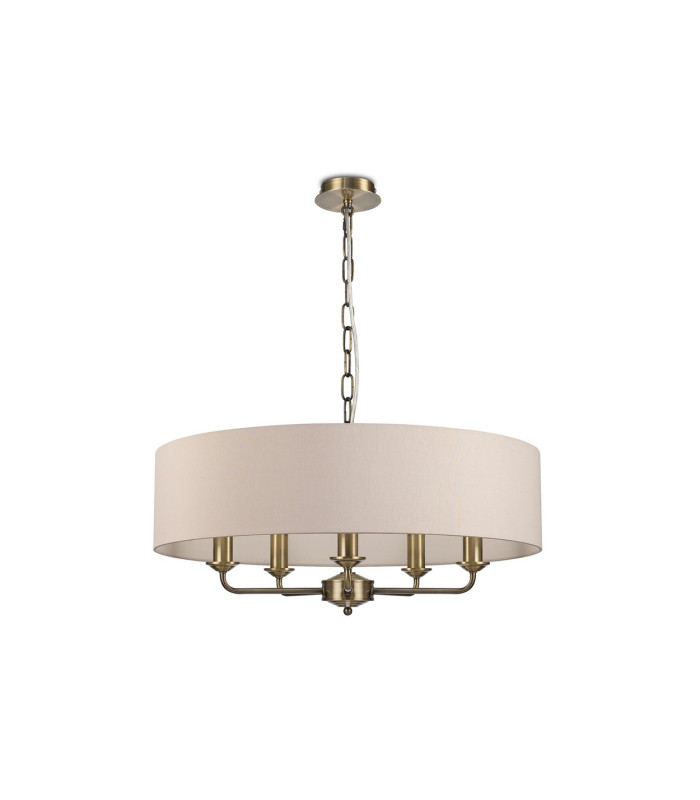 Banyan 5 Light Multi Arm Pendant E14 Antique Brass With 60cm x 15cm Dual Faux Silk Shade Nude Beige/Moonlight-4