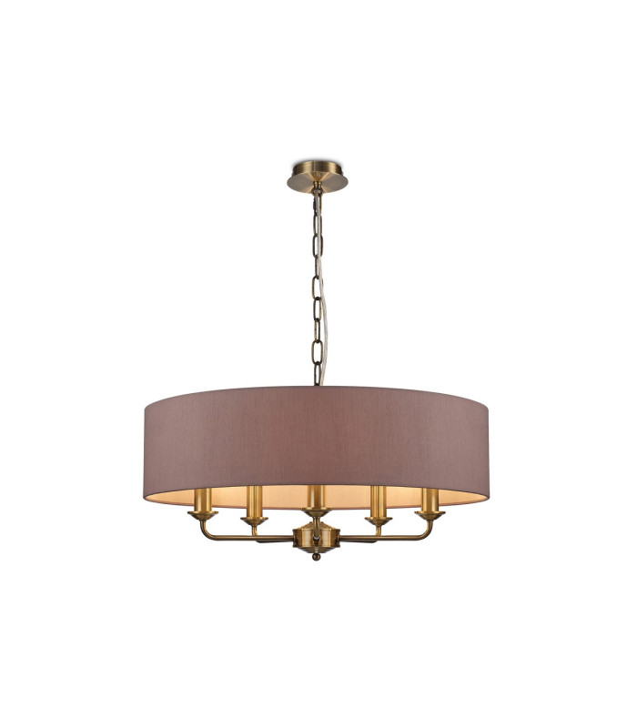 Banyan 5 Light Multi Arm Pendant E14 Antique Brass With 60cm x 15cm Dual Faux Silk Shade Taupe/Halo Gold-1