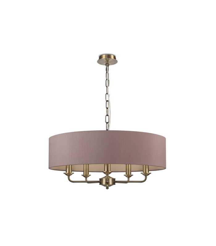 Banyan 5 Light Multi Arm Pendant E14 Antique Brass With 60cm x 15cm Dual Faux Silk Shade Taupe/Halo Gold-4
