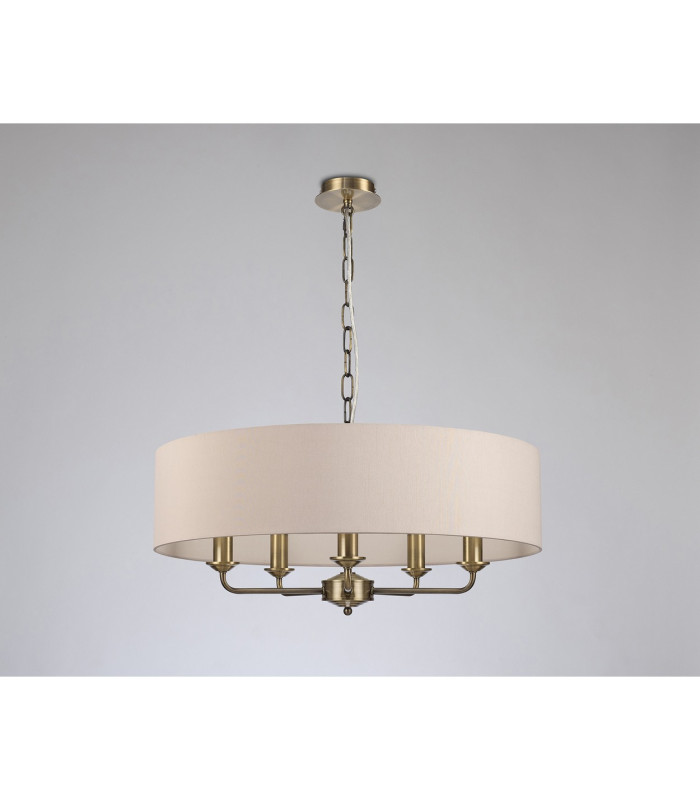 Banyan 5 Light Multi Arm Pendant E14 Antique Brass With 60cm x 15cm Dual Faux Silk Shade Nude Beige/Moonlight-11