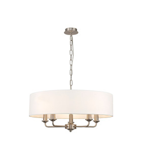 Banyan 5 Light Multi Arm Pendant E14 Satin Nickel With 60cm x 15cm Faux Silk Shade White-1