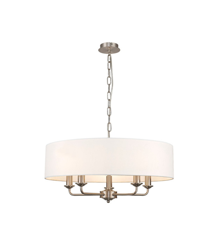 Banyan 5 Light Multi Arm Pendant E14 Satin Nickel With 60cm x 15cm Faux Silk Shade White-1