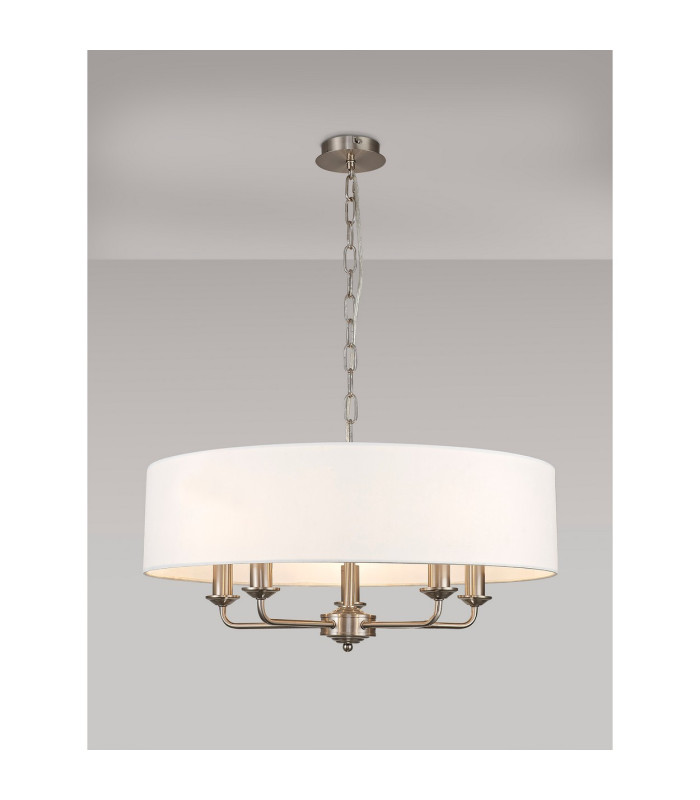 Banyan 5 Light Multi Arm Pendant E14 Satin Nickel With 60cm x 15cm Faux Silk Shade White-2