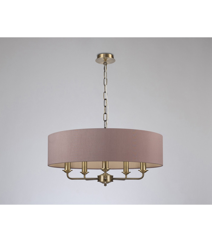 Banyan 5 Light Multi Arm Pendant E14 Antique Brass With 60cm x 15cm Dual Faux Silk Shade Taupe/Halo Gold-11