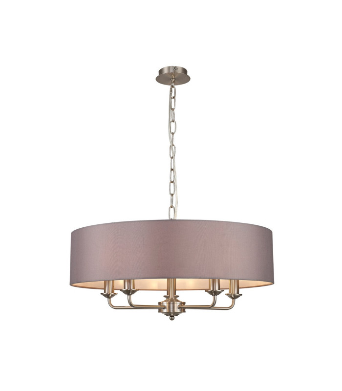 Banyan 5 Light Multi Arm Pendant E14 Satin Nickel With 60cm x 15cm Faux Silk Shade Grey-1