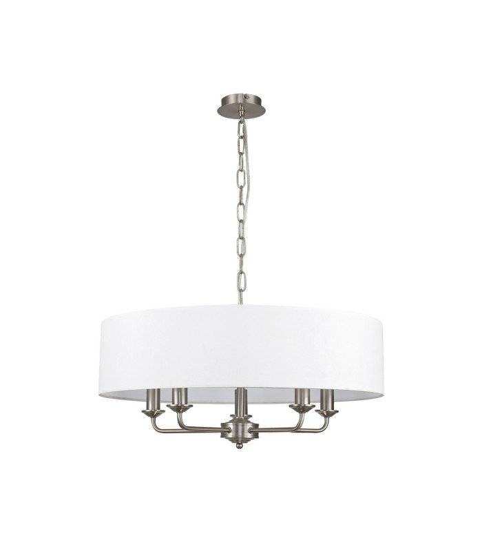 Banyan 5 Light Multi Arm Pendant E14 Satin Nickel With 60cm x 15cm Faux Silk Shade White-4