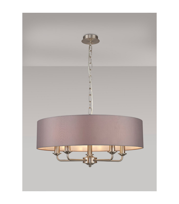 Banyan 5 Light Multi Arm Pendant E14 Satin Nickel With 60cm x 15cm Faux Silk Shade Grey-2
