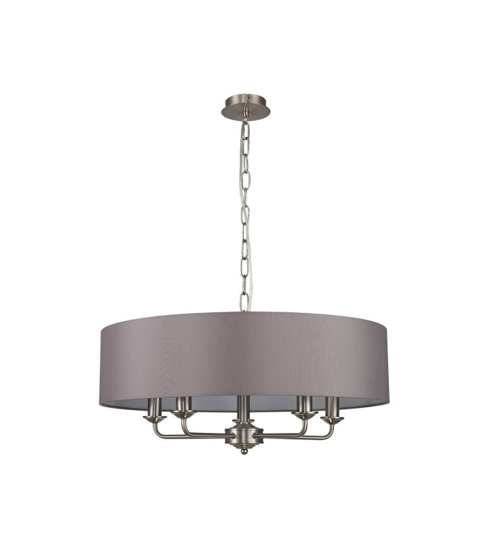 Banyan 5 Light Multi Arm Pendant E14 Satin Nickel With 60cm x 15cm Faux Silk Shade Grey-4