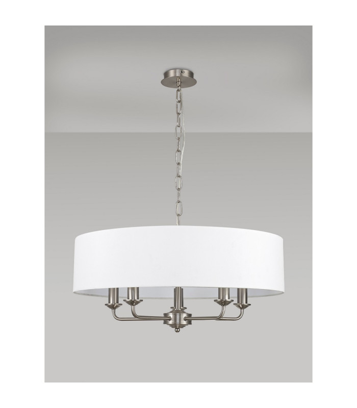 Banyan 5 Light Multi Arm Pendant E14 Satin Nickel With 60cm x 15cm Faux Silk Shade White-11
