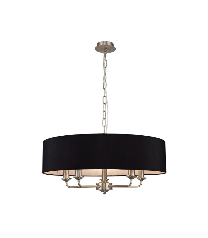 Banyan 5 Light Multi Arm Pendant E14 Satin Nickel With 60cm x 15cm Faux Silk Shade black-1