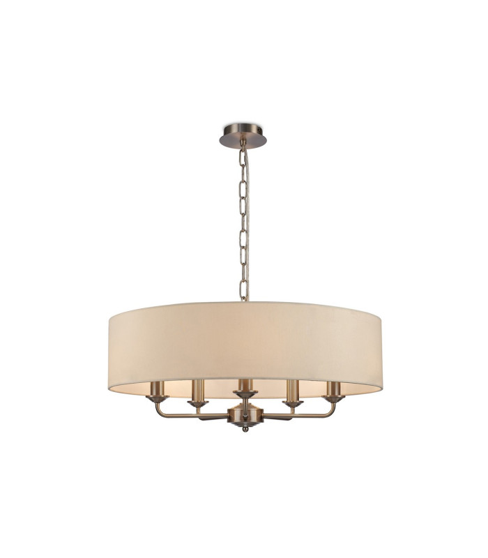 Banyan 5 Light Multi Arm Pendant E14 Satin Nickel With 60cm x 15cm Faux Silk Shade Ivory Pearl/White Laminate-1