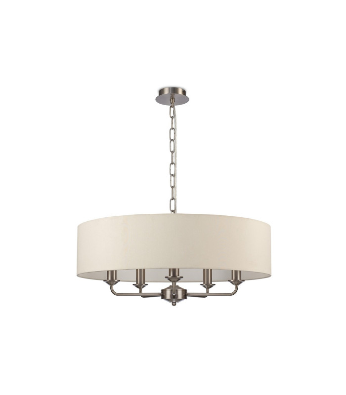 Banyan 5 Light Multi Arm Pendant E14 Satin Nickel With 60cm x 15cm Faux Silk Shade Ivory Pearl/White Laminate-4