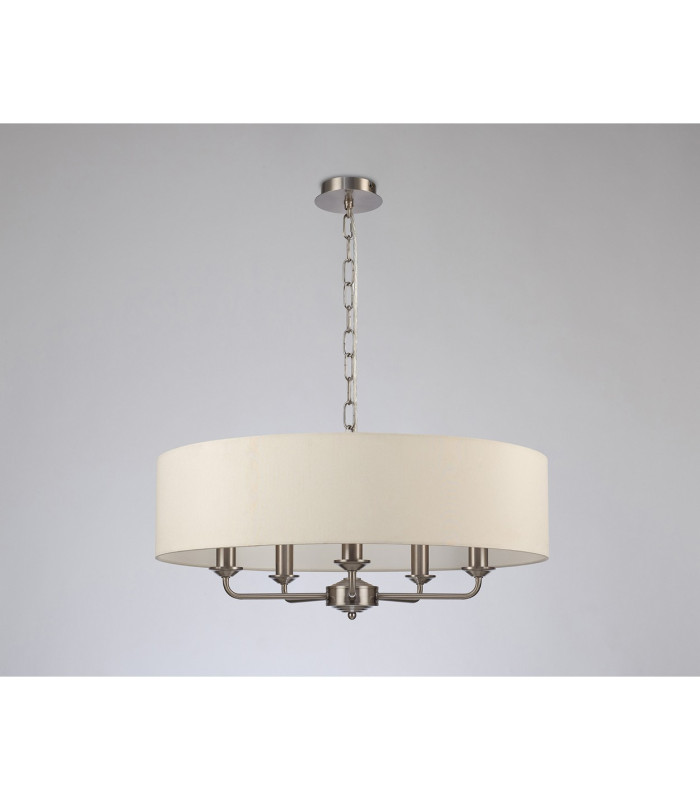 Banyan 5 Light Multi Arm Pendant E14 Satin Nickel With 60cm x 15cm Faux Silk Shade Ivory Pearl/White Laminate-11