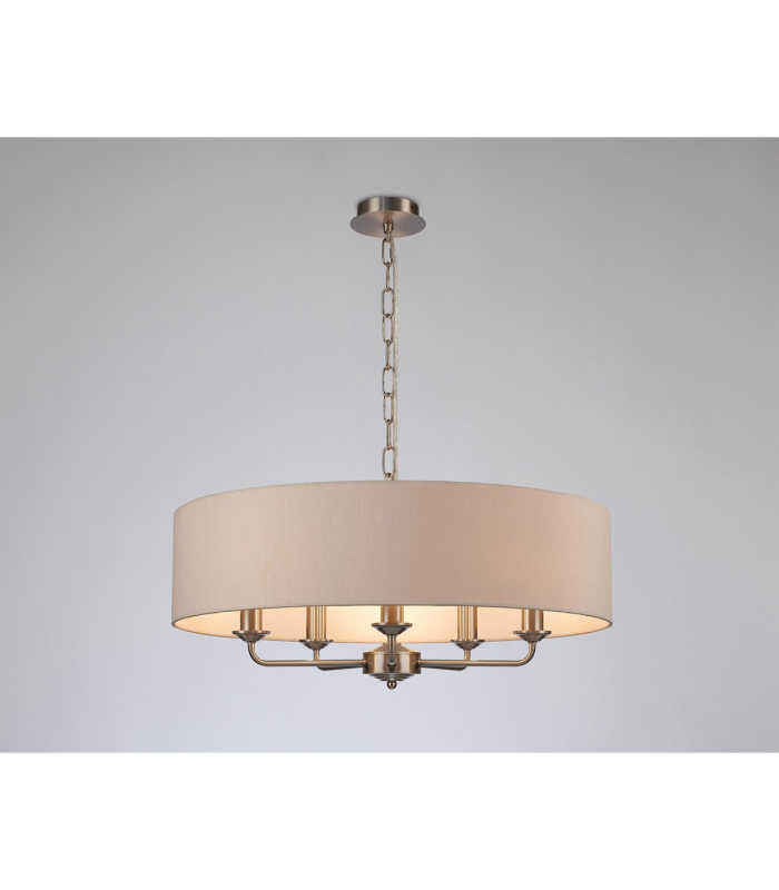 Banyan 5 Light Multi Arm Pendant E14 Satin Nickel With 60cm x 15cm Dual Faux Silk Shade Nude Beige/Moonlight-2