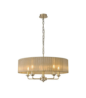 Banyan 5 Light Multi Arm Pendant With 60cm x 15cm Organza Shade Antique Brass/Soft Bronze-1