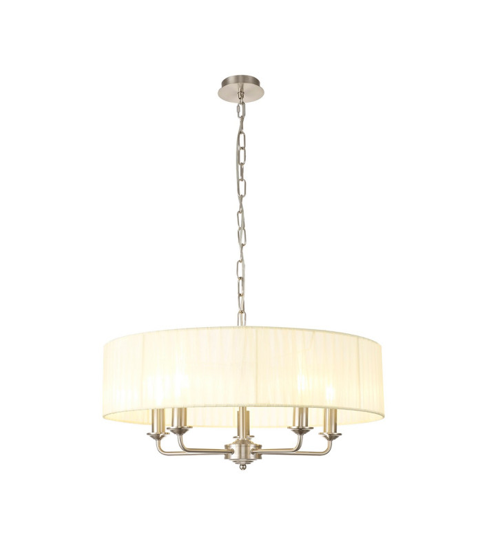 Banyan 5 Light Multi Arm Pendant With 60cm x 15cm Organza Shade Satin Nickel/Cream-1