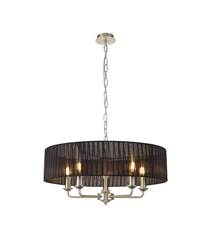 Banyan 5 Light Multi Arm Pendant With 60cm x 15cm Organza Shade Satin Nickel/Black-1