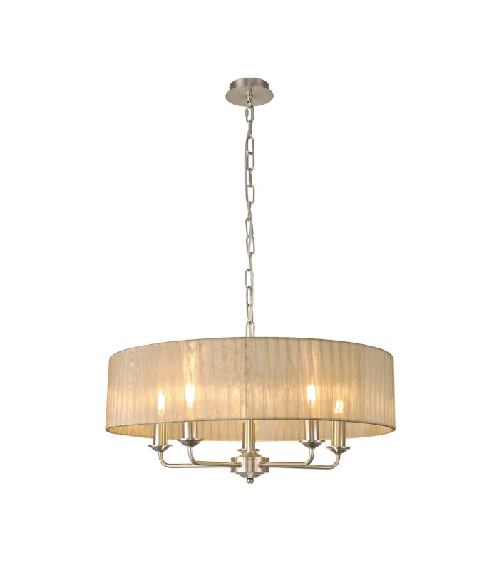 Banyan 5 Light Multi Arm Pendant With 60cm x 15cm Organza Shade Satin Nickel/Soft Bronze-1