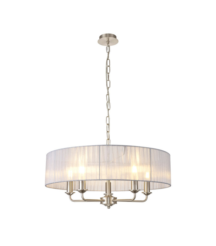 Banyan 5 Light Multi Arm Pendant With 60cm x 15cm Organza Shade Satin Nickel/Grey-1