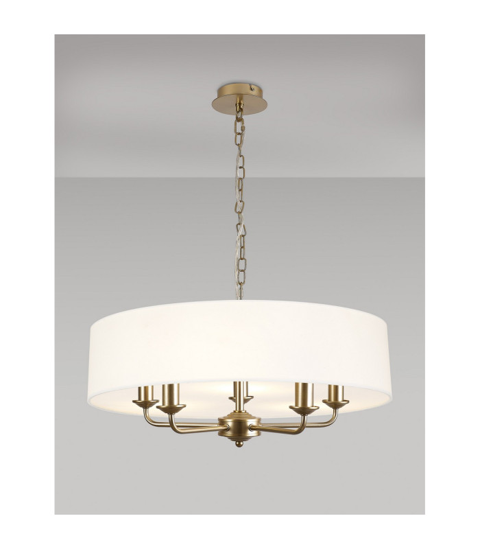 Banyan 5 Light Multi Arm Pendant With 60cm x 15cm Faux Silk Fabric Shade Champagne Gold/White-2