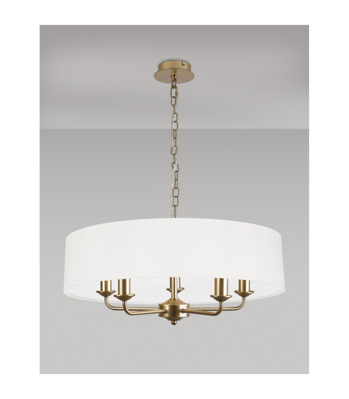 Banyan 5 Light Multi Arm Pendant With 60cm x 15cm Faux Silk Fabric Shade Champagne Gold/White-11