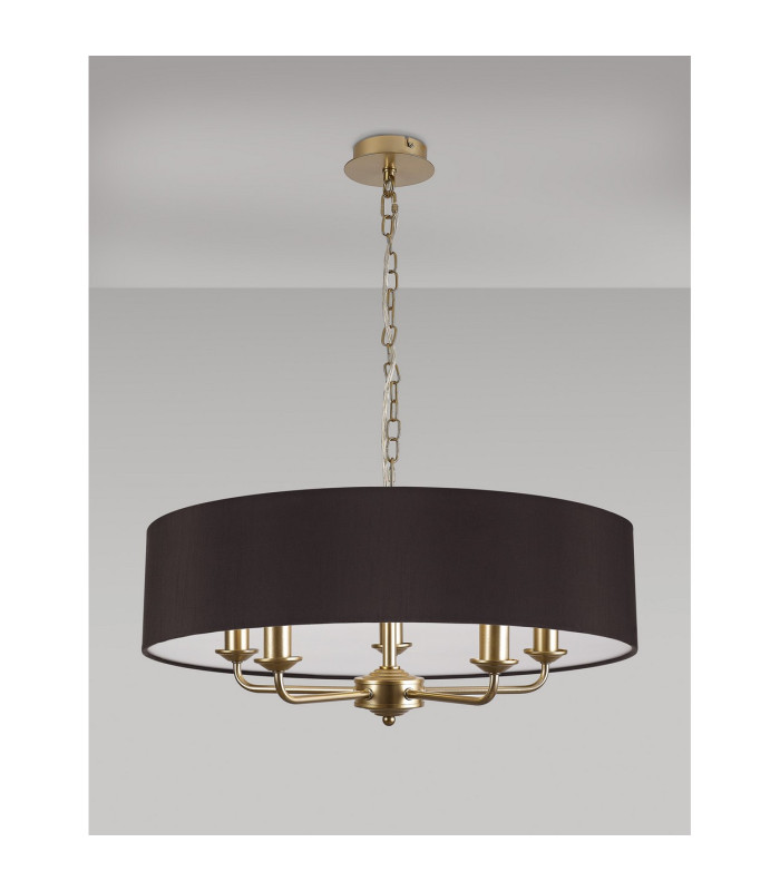 Banyan 5 Light Multi Arm Pendant With 60cm x 15cm Faux Silk Fabric Shade Champagne Gold/Black-11
