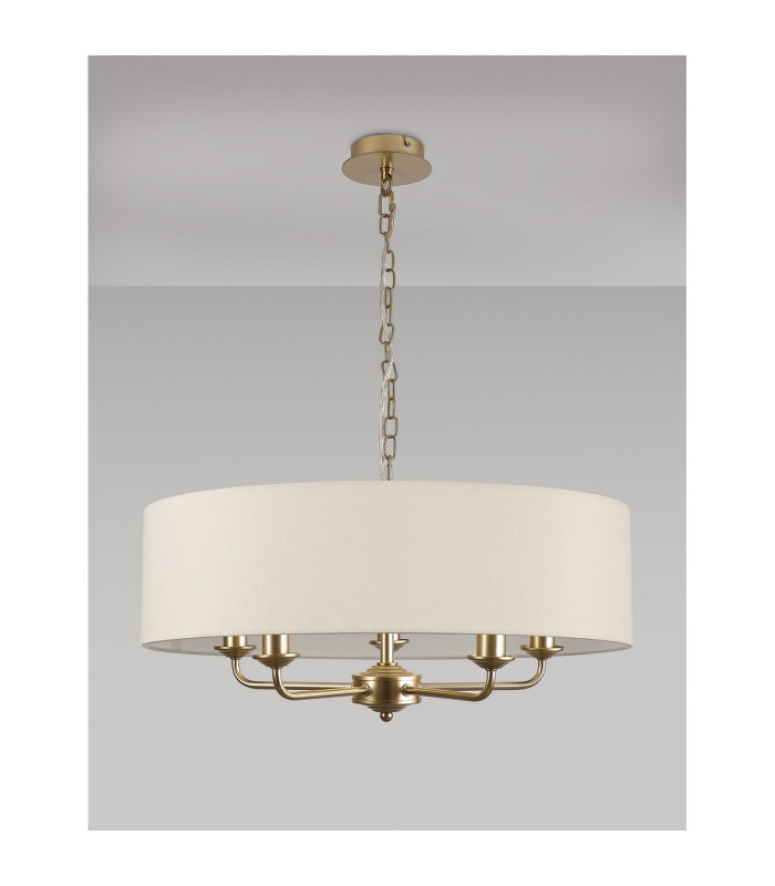 Banyan 5 Light Multi Arm Pendant With 60cm x 15cm Faux Silk Fabric Shade Champagne Gold/Ivory Pearl-11