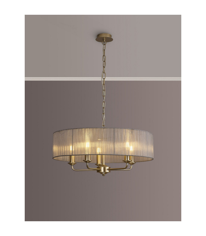 Banyan 5 Light Multi Arm Pendant With 60cm x 15cm Organza Shade Champagne Gold/Grey-2