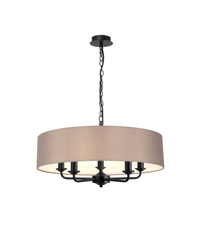 Banyan 5 Light Multi Arm Pendant With 60cm x 15cm Faux Silk Fabric Shade Matt Black/Grey-1