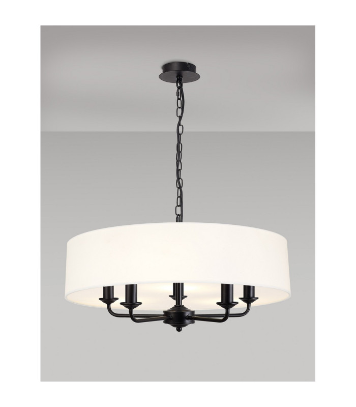 Banyan 5 Light Multi Arm Pendant With 60cm x 15cm Faux Silk Fabric Shade Matt Black/White-2