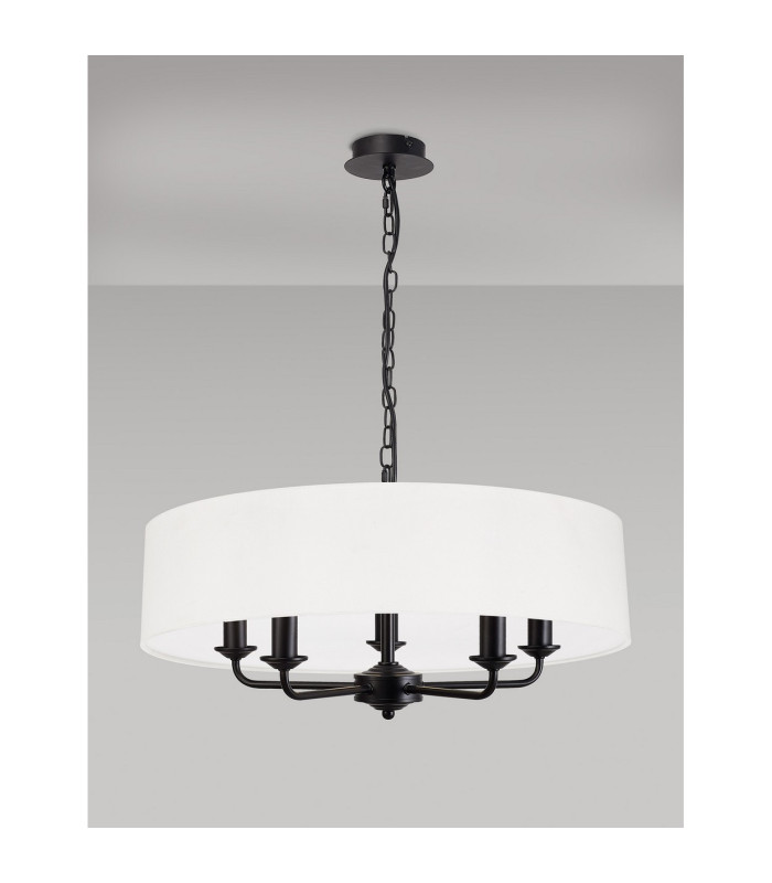 Banyan 5 Light Multi Arm Pendant With 60cm x 15cm Faux Silk Fabric Shade Matt Black/White-11